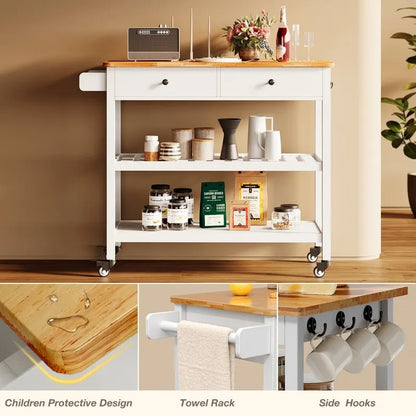 Kitchen Island Cart, Rolling Trolley Utility Cart on Wheels with 2 Drawers and 2 Open Tiers Storage Shelves