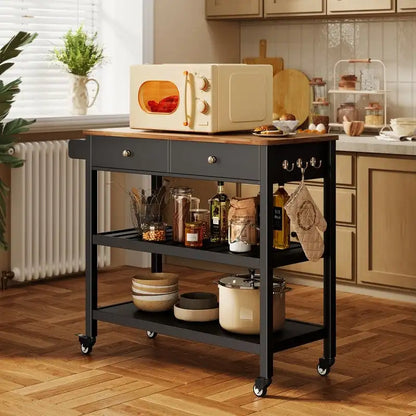 Kitchen Island Cart, Rolling Trolley Utility Cart on Wheels with 2 Drawers and 2 Open Tiers Storage Shelves