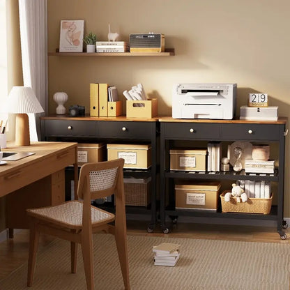 Kitchen Island Cart, Rolling Trolley Utility Cart on Wheels with 2 Drawers and 2 Open Tiers Storage Shelves