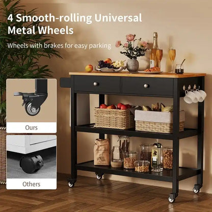 Kitchen Island Cart, Rolling Trolley Utility Cart on Wheels with 2 Drawers and 2 Open Tiers Storage Shelves