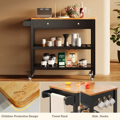Kitchen Island Cart, Rolling Trolley Utility Cart on Wheels with 2 Drawers and 2 Open Tiers Storage Shelves