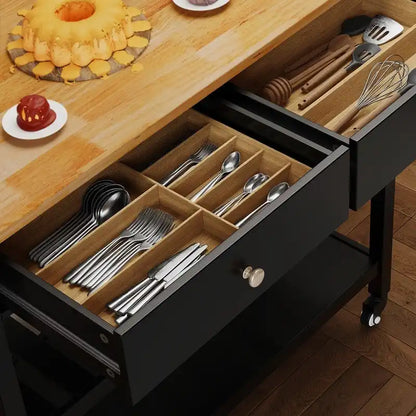 Kitchen Island Cart, Rolling Trolley Utility Cart on Wheels with 2 Drawers and 2 Open Tiers Storage Shelves
