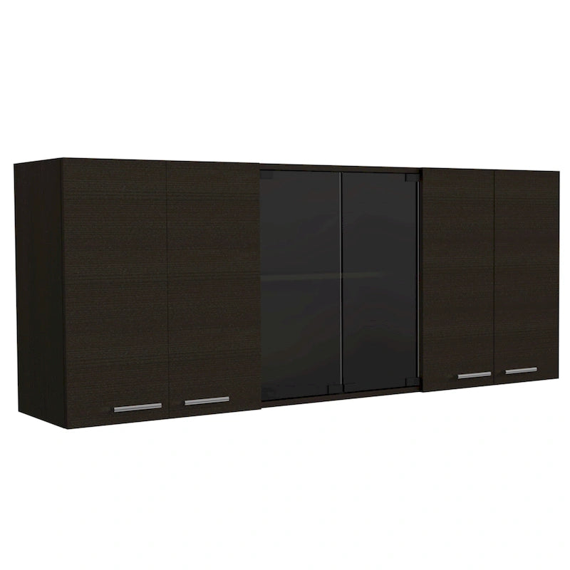 TUHOME Superior 150 Wall Cabinet with Glass Doors, 2 Double Cabinets, 4 Inner Shelves, Dish Rack and Cup Rack - N/A