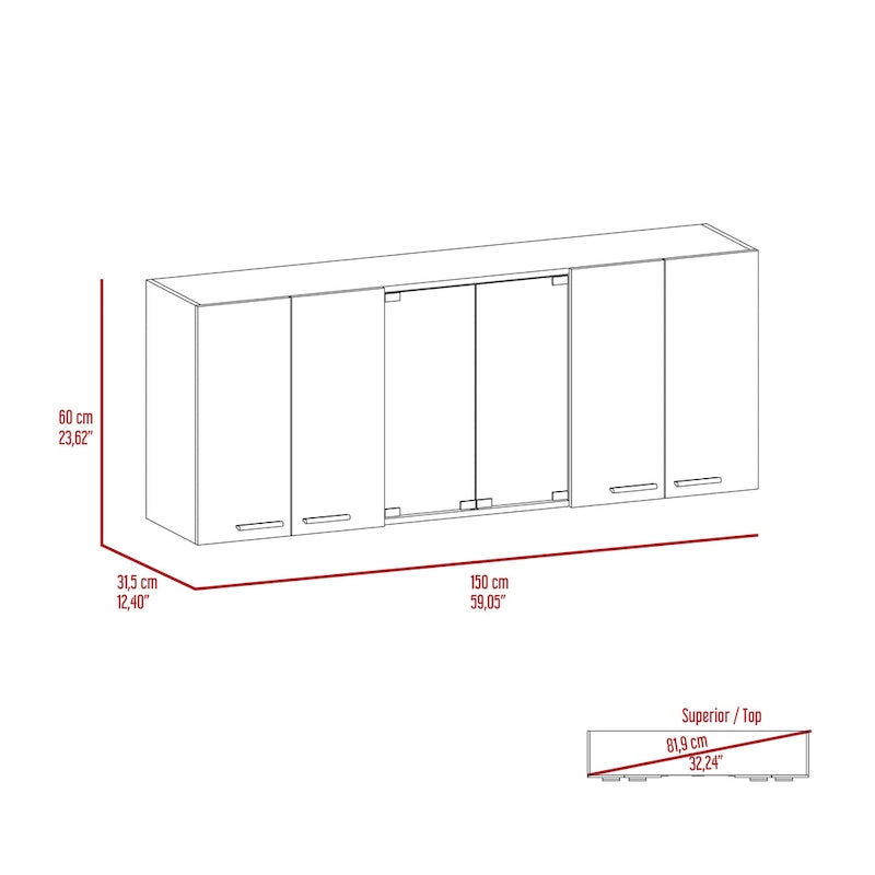 TUHOME Superior 150 Wall Cabinet with Glass Doors, 2 Double Cabinets, 4 Inner Shelves, Dish Rack and Cup Rack - N/A