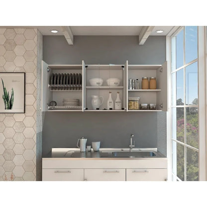 TUHOME Superior 150 Wall Cabinet with Glass Doors, 2 Double Cabinets, 4 Inner Shelves, Dish Rack and Cup Rack - N/A