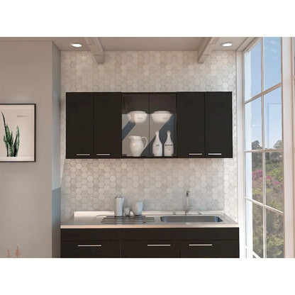 TUHOME Superior 150 Wall Cabinet with Glass Doors, 2 Double Cabinets, 4 Inner Shelves, Dish Rack and Cup Rack - N/A