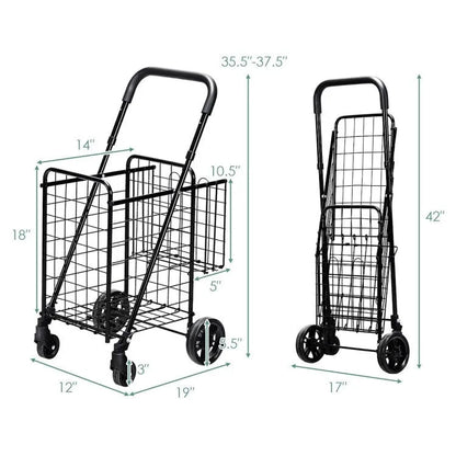 Folding Shopping Basket Rolling Trolley with Adjustable Handle