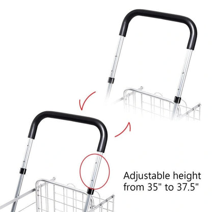 Folding Shopping Basket Rolling Trolley with Adjustable Handle