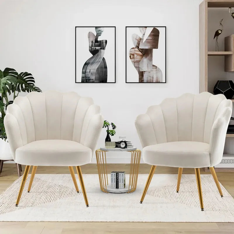 Andeworld accent chair for living room,Velvet Gold Cute Vanity Chair with Back for Makeup Room, Upholstered Shell Shaped Office