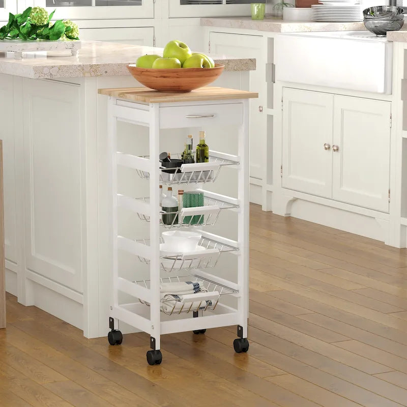HOMCOM 32.25 Wooden Rolling Kitchen Storage Cart on 360-deg Swivel Wheels with Ample Storage Space & Solid Structure