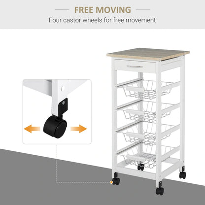 HOMCOM 32.25 Wooden Rolling Kitchen Storage Cart on 360-deg Swivel Wheels with Ample Storage Space & Solid Structure