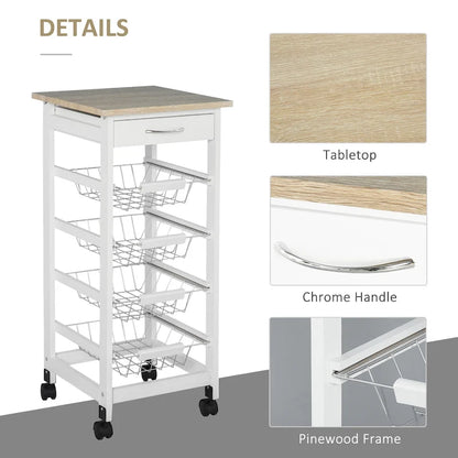 HOMCOM 32.25 Wooden Rolling Kitchen Storage Cart on 360-deg Swivel Wheels with Ample Storage Space & Solid Structure
