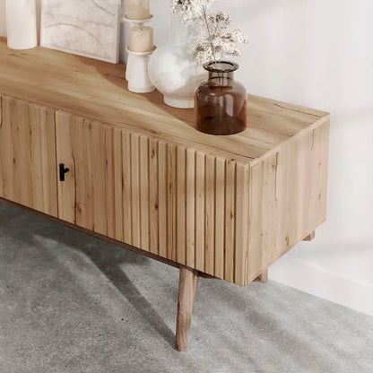 Living Skog Chelsea Brown TV Stand Fits for TV's up to 65 in. with Slatted Design and Wood Legs