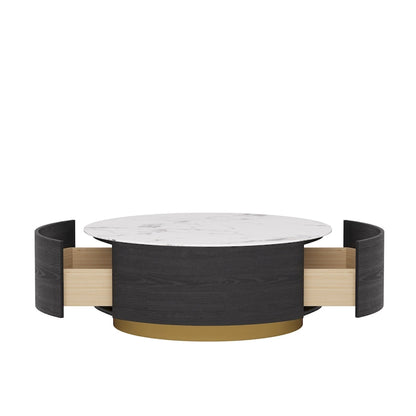 Modern Round Coffee Table, White Sintered Stone Tabletop with 2 Drawers