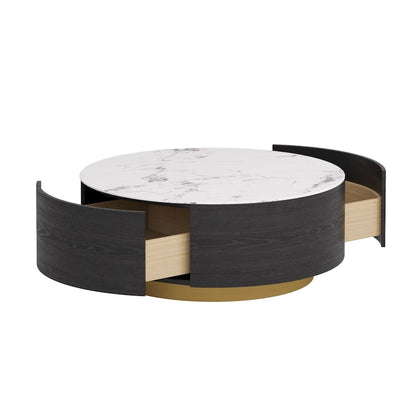 Modern Round Coffee Table, White Sintered Stone Tabletop with 2 Drawers