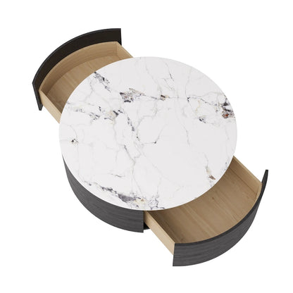 Modern Round Coffee Table, White Sintered Stone Tabletop with 2 Drawers