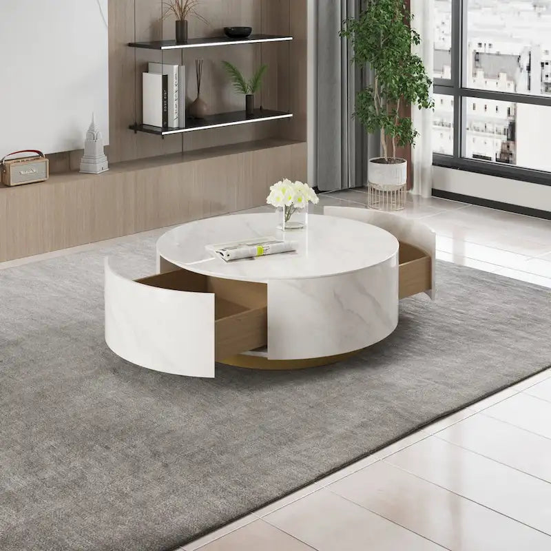 Modern Round Coffee Table, White Sintered Stone Tabletop with 2 Drawers