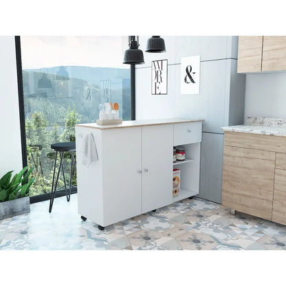 TUHOME Victoria Kitchen Island with 4 Interior Shelves, Casters, Drawer and Double Door Cabinet