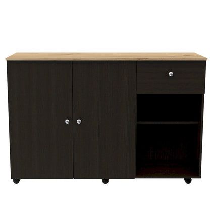 TUHOME Victoria Kitchen Island with 4 Interior Shelves, Casters, Drawer and Double Door Cabinet