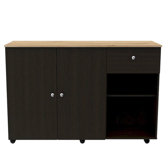 TUHOME Victoria Kitchen Island with 4 Interior Shelves, Casters, Drawer and Double Door Cabinet