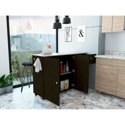 TUHOME Victoria Kitchen Island with 4 Interior Shelves, Casters, Drawer and Double Door Cabinet