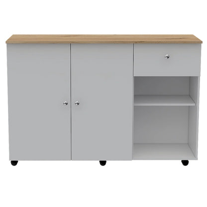 TUHOME Victoria Kitchen Island with 4 Interior Shelves, Casters, Drawer and Double Door Cabinet
