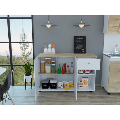 TUHOME Victoria Kitchen Island with 4 Interior Shelves, Casters, Drawer and Double Door Cabinet