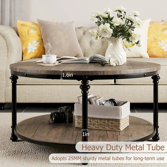 30.3in Wood Circle Coffee Table, with Storage Shelf, Metal Legs