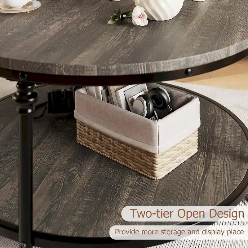 30.3in Wood Circle Coffee Table, with Storage Shelf, Metal Legs