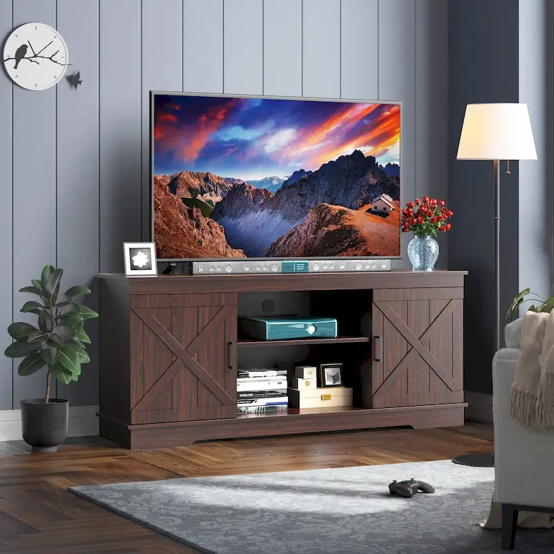 Evelynn Wood Farmhouse TV Stand for 65 Inch TV Sliding Barn Doors Grey White