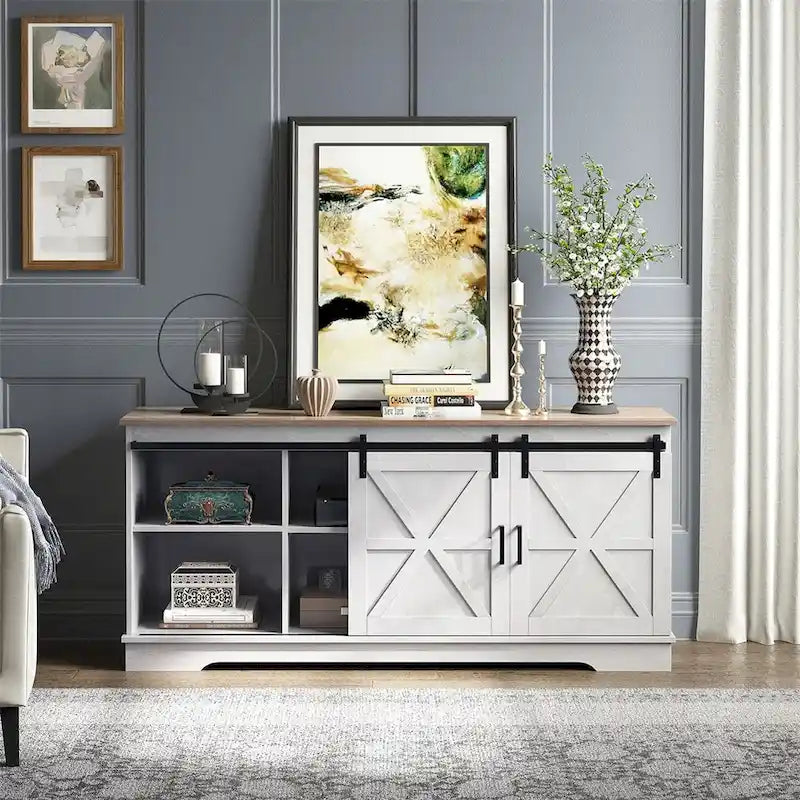 Evelynn Wood Farmhouse TV Stand for 65 Inch TV Sliding Barn Doors Grey White