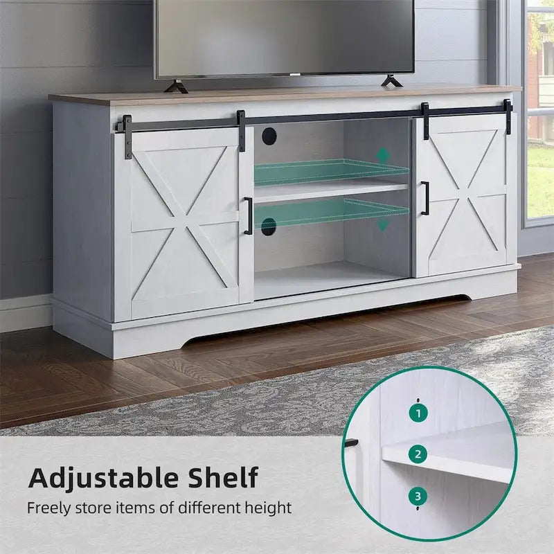 Evelynn Wood Farmhouse TV Stand for 65 Inch TV Sliding Barn Doors Grey White