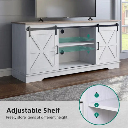 Evelynn Wood Farmhouse TV Stand for 65 Inch TV Sliding Barn Doors Grey White