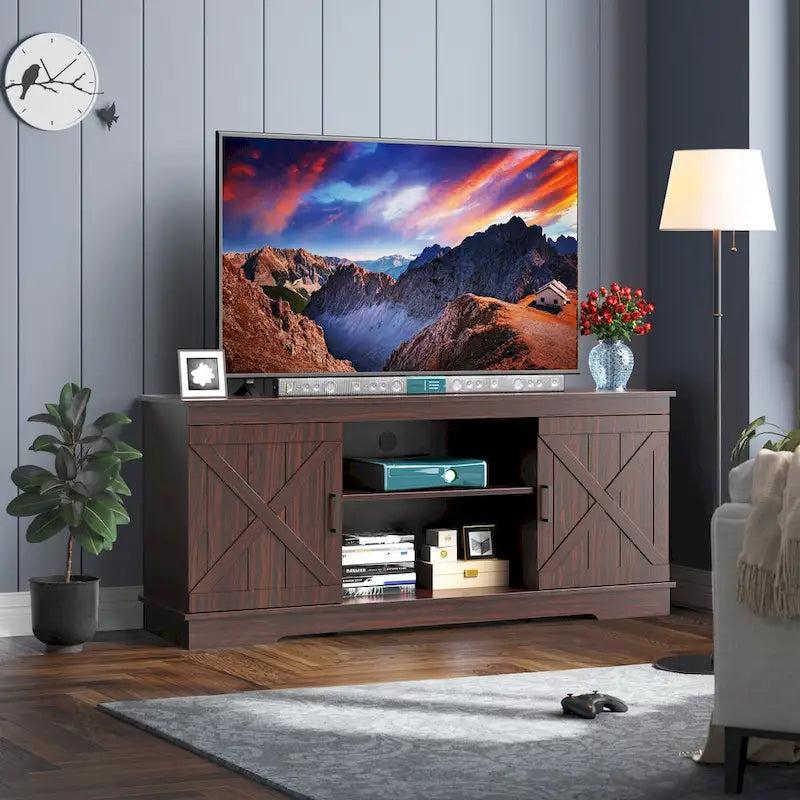 Evelynn Wood Farmhouse TV Stand for 65 Inch TV Sliding Barn Doors Grey White