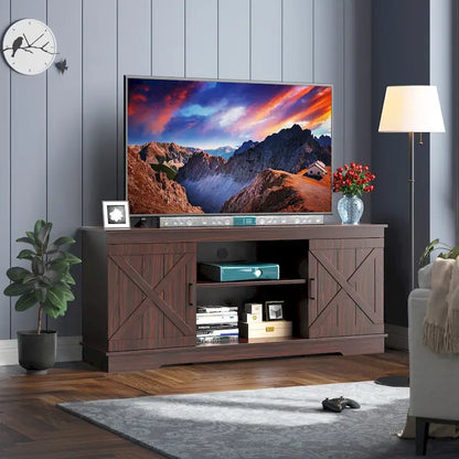 Evelynn Wood Farmhouse TV Stand for 65 Inch TV Sliding Barn Doors Grey White