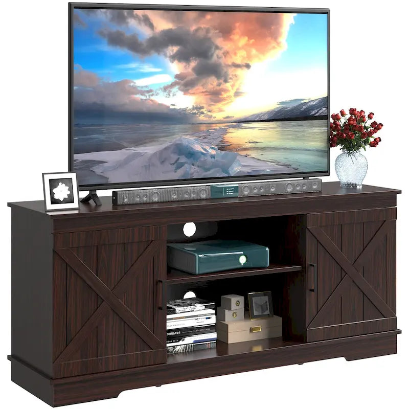 Evelynn Wood Farmhouse TV Stand for 65 Inch TV Sliding Barn Doors Grey White