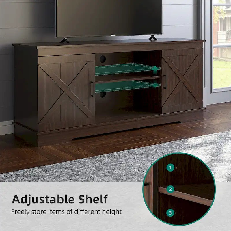 Evelynn Wood Farmhouse TV Stand for 65 Inch TV Sliding Barn Doors Grey White