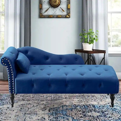 60 W Velvet Chaise Lounge, Tufted with Pillow & Nailhead Decorate - 60.6W  x 27.5D  x 28.3 H