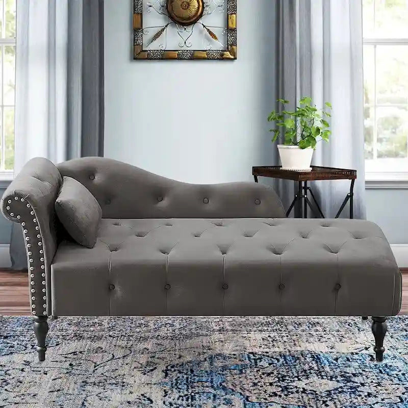 60 W Velvet Chaise Lounge, Tufted with Pillow & Nailhead Decorate - 60.6W  x 27.5D  x 28.3 H