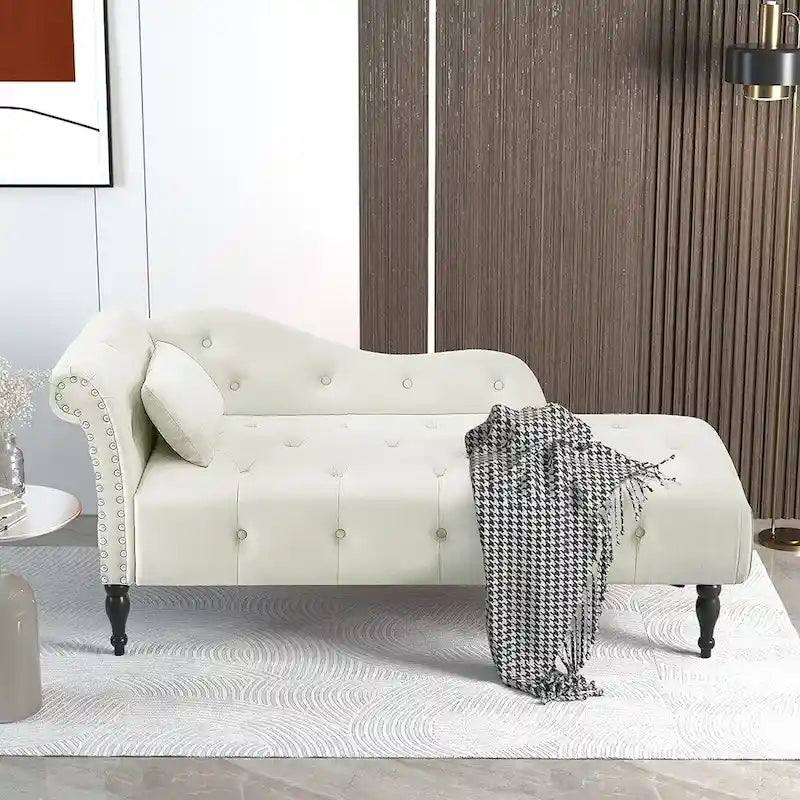 60 W Velvet Chaise Lounge, Tufted with Pillow & Nailhead Decorate - 60.6W  x 27.5D  x 28.3 H