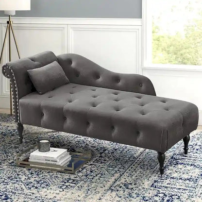 60 W Velvet Chaise Lounge, Tufted with Pillow & Nailhead Decorate - 60.6W  x 27.5D  x 28.3 H