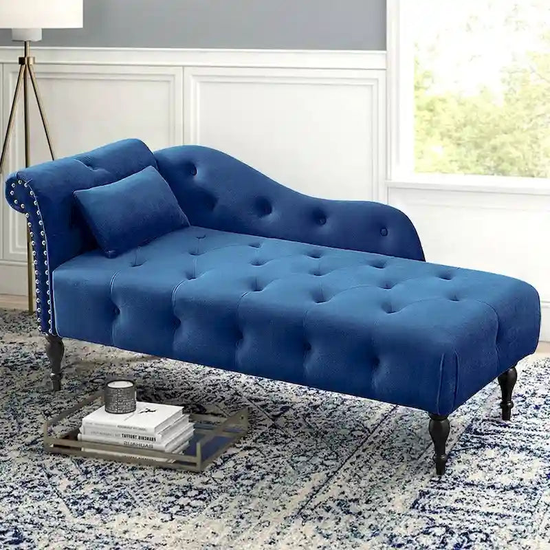 60 W Velvet Chaise Lounge, Tufted with Pillow & Nailhead Decorate - 60.6W  x 27.5D  x 28.3 H