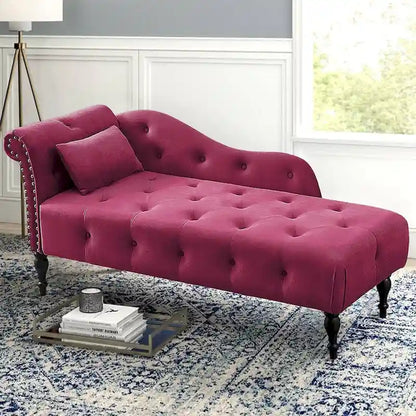 60 W Velvet Chaise Lounge, Tufted with Pillow & Nailhead Decorate - 60.6W  x 27.5D  x 28.3 H