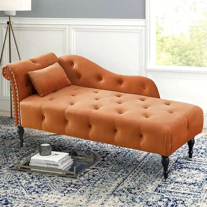 60 W Velvet Chaise Lounge, Tufted with Pillow & Nailhead Decorate - 60.6W  x 27.5D  x 28.3 H