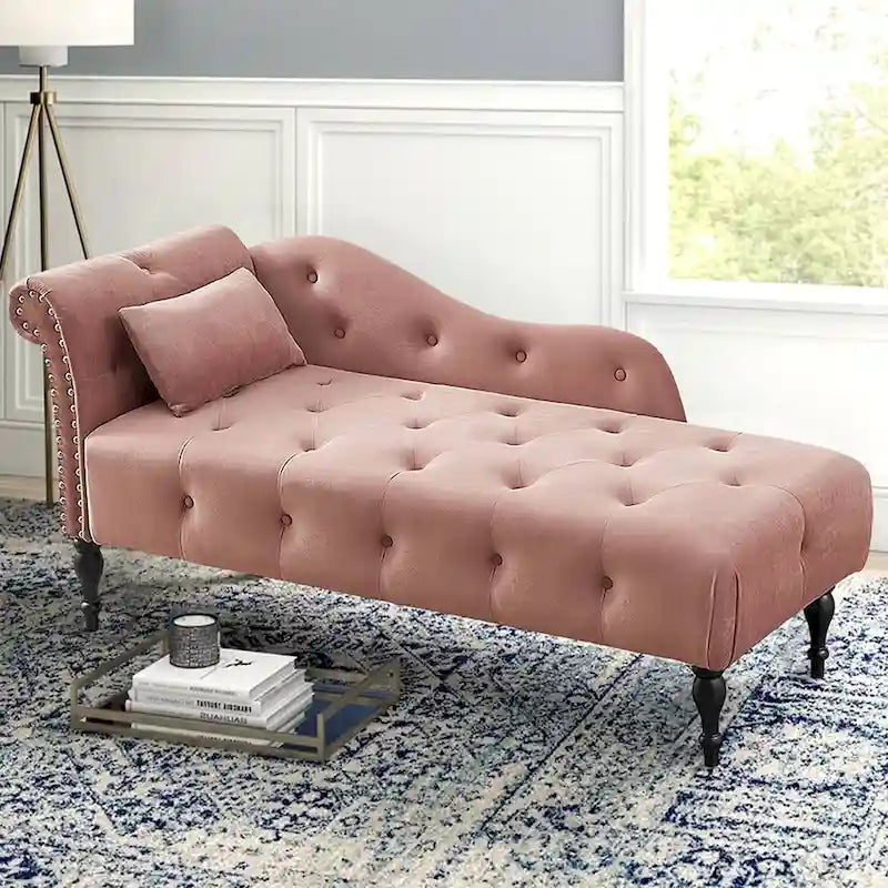 60 W Velvet Chaise Lounge, Tufted with Pillow & Nailhead Decorate - 60.6W  x 27.5D  x 28.3 H