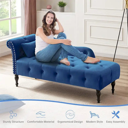 60 W Velvet Chaise Lounge, Tufted with Pillow & Nailhead Decorate - 60.6W  x 27.5D  x 28.3 H
