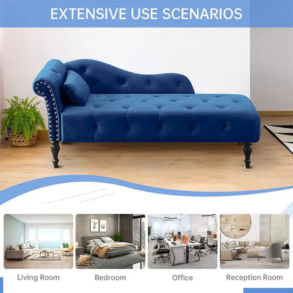 60 W Velvet Chaise Lounge, Tufted with Pillow & Nailhead Decorate - 60.6W  x 27.5D  x 28.3 H