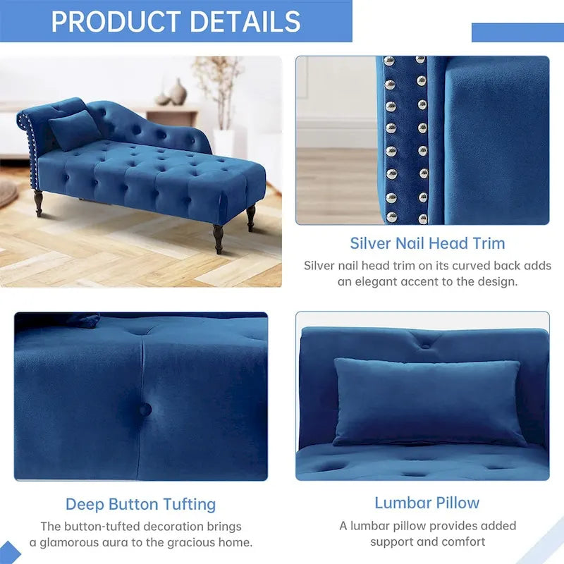 60 W Velvet Chaise Lounge, Tufted with Pillow & Nailhead Decorate - 60.6W  x 27.5D  x 28.3 H