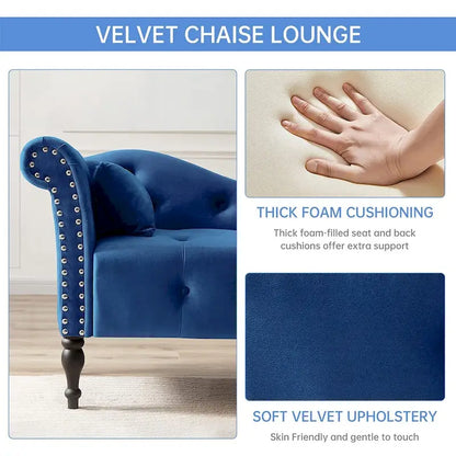 60 W Velvet Chaise Lounge, Tufted with Pillow & Nailhead Decorate - 60.6W  x 27.5D  x 28.3 H