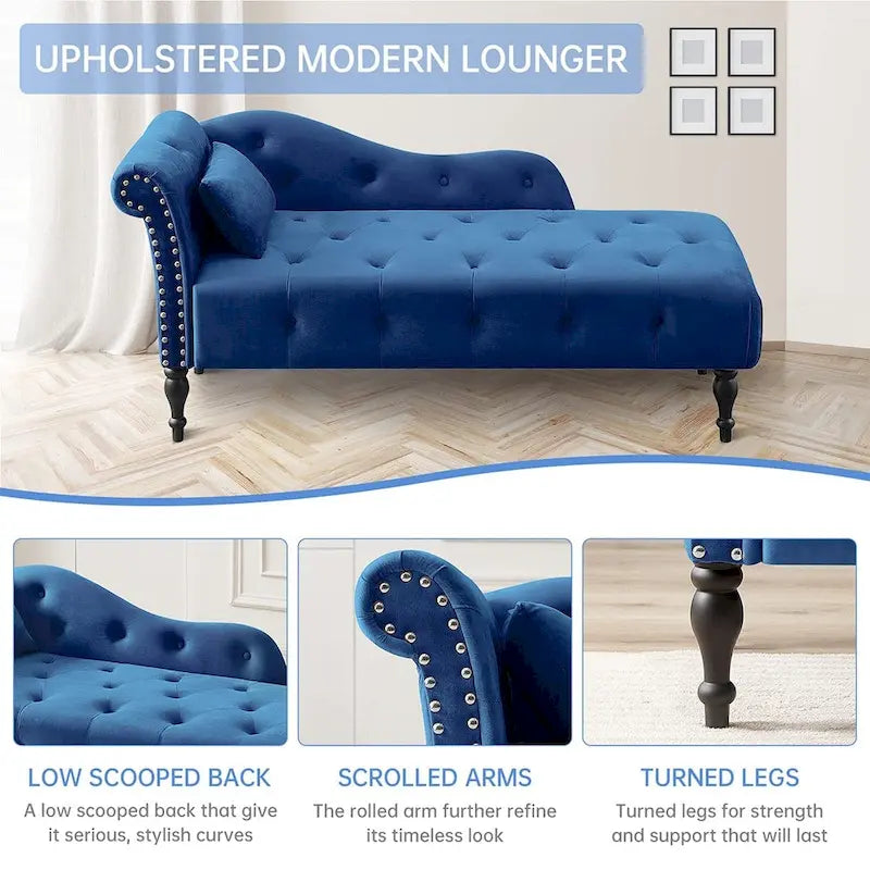 60 W Velvet Chaise Lounge, Tufted with Pillow & Nailhead Decorate - 60.6W  x 27.5D  x 28.3 H